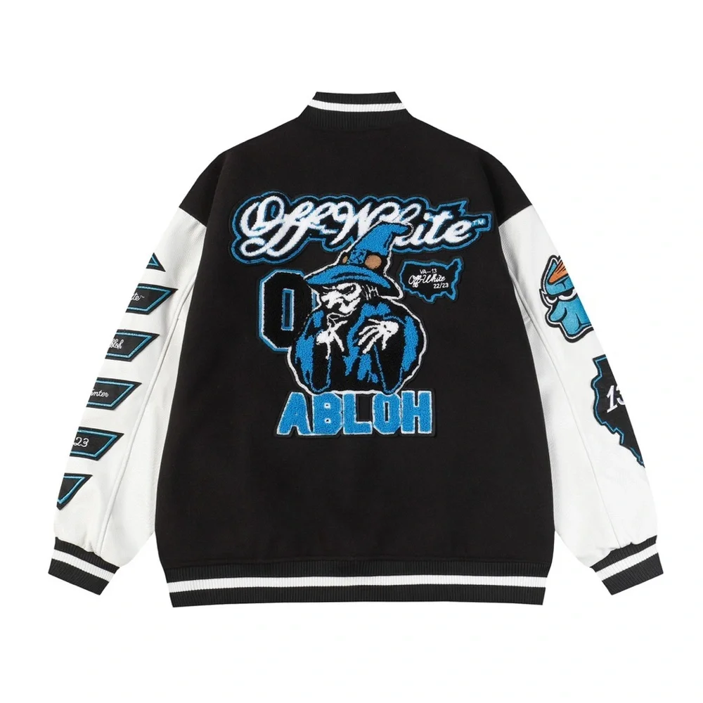 Off-White Black and White Bomber Jacket with Blue Accents - Picture 2 of 6